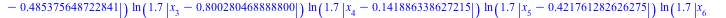 `+`(`*`(ln(`+`(`*`(1.7, `*`(abs(`+`(x[1], `-`(HFloat(0.8147236863931789)))))))), `*`(ln(`+`(`*`(1.7, `*`(abs(`+`(x[2], `-`(HFloat(0.9057919370756192)))))))), `*`(ln(`+`(`*`(1.7, `*`(abs(`+`(x[3], `-`(...