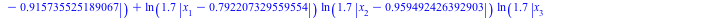 `+`(`*`(ln(`+`(`*`(1.7, `*`(abs(`+`(x[1], `-`(HFloat(0.8147236863931789)))))))), `*`(ln(`+`(`*`(1.7, `*`(abs(`+`(x[2], `-`(HFloat(0.9057919370756192)))))))), `*`(ln(`+`(`*`(1.7, `*`(abs(`+`(x[3], `-`(...
