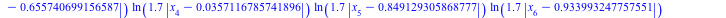 `+`(`*`(ln(`+`(`*`(1.7, `*`(abs(`+`(x[1], `-`(HFloat(0.8147236863931789)))))))), `*`(ln(`+`(`*`(1.7, `*`(abs(`+`(x[2], `-`(HFloat(0.9057919370756192)))))))), `*`(ln(`+`(`*`(1.7, `*`(abs(`+`(x[3], `-`(...
