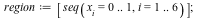 region := [seq(x[i] = 0 .. 1, i = 1 .. 6)]; 1