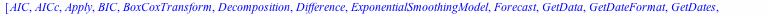 [AIC, AICc, Apply, BIC, BoxCoxTransform, Decomposition, Difference, ExponentialSmoothingModel, Forecast, GetData, GetDateFormat, GetDates, GetHeaders, GetParameter, GetParameters, GetPeriod, Initializ...