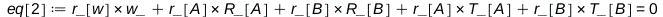 eq[2] := Physics:-Vectors:-`+`(Physics:-Vectors:-`+`(Physics:-Vectors:-`+`(Physics:-Vectors:-`+`(Typesetting:-delayCrossProduct(r_[w], w_), Typesetting:-delayCrossProduct(r_[A], R_[A])), Typesetting:-...