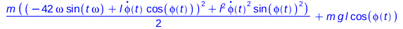 Typesetting:-mprintslash([`+`(`*`(`/`(1, 2), `*`(m, `*`(`+`(`*`(`^`(`+`(`-`(`*`(42, `*`(omega, `*`(sin(`*`(t, `*`(omega))))))), `*`(l, `*`(diff(phi(t), t), `*`(cos(phi(t)))))), 2)), `*`(`^`(l, 2), `*`...