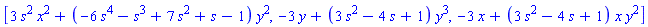[3*s^2*x^2+(-6*s^4-s^3+7*s^2+s-1)*y^2, -3*y+(3*s^2-4*s+1)*y^3, -3*x+(3*s^2-4*s+1)*x*y^2]