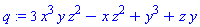 q := 3*x^3*y*z^2-x*z^2+y^3+z*y