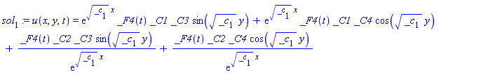 sol[1] := u(x, y, t) = exp(_c[1]^(1/2)*x)*_F4(t)*_C1*_C3*sin(_c[1]^(1/2)*y)+exp(_c[1]^(1/2)*x)*_F4(t)*_C1*_C4*cos(_c[1]^(1/2)*y)+_F4(t)*_C2*_C3*sin(_c[1]^(1/2)*y)/exp(_c[1]^(1/2)*x)+_F4(t)*_C2*_C4*cos(_c[1]^(1/2)*y)/exp(_c[1]^(1/2)*x)