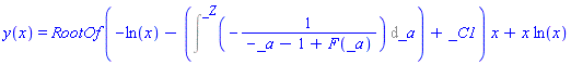 y(x) = RootOf(-ln(x)-(Int(-1/(-_a-1+F(_a)), _a = `` .. _Z))+_C1)*x+x*ln(x)