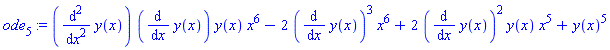 ode[5] := (diff(y(x), `$`(x, 2)))*(diff(y(x), x))*y(x)*x^6-2*(diff(y(x), x))^3*x^6+2*(diff(y(x), x))^2*y(x)*x^5+y(x)^5