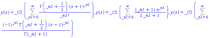 y(x) = _C1*(Sum(GAMMA(_n1+1/2)*(x+1)^_n1/factorial(_n1), _n1 = 0 .. infinity)), y(x) = _C1*(Sum((_n1+1)*x^_n1/(2*_n1+1), _n1 = 0 .. infinity)), y(x) = _C1*(Sum((-1)^_n1*GAMMA(_n1+1/2)*(x-1)^_n1/GAMMA(_n1+1), _n1 = 0 .. infinity))