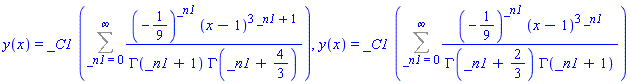 y(x) = _C1*(Sum((-1/9)^_n1*(x-1)^(3*_n1+1)/(GAMMA(_n1+1)*GAMMA(_n1+4/3)), _n1 = 0 .. infinity)), y(x) = _C1*(Sum((-1/9)^_n1*(x-1)^(3*_n1)/(GAMMA(_n1+2/3)*GAMMA(_n1+1)), _n1 = 0 .. infinity))