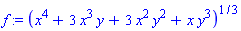 f := (x^4+3*x^3*y+3*x^2*y^2+x*y^3)^(1/3)