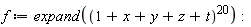 f := expand((1+x+y+z+t)^20)