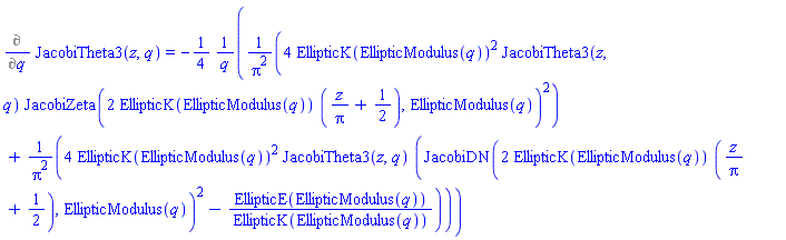 Diff(JacobiTheta3(z, q), q) = -(1/4)*(4*EllipticK(EllipticModulus(q))^2*JacobiTheta3(z, q)*JacobiZeta(2*EllipticK(EllipticModulus(q))*(z/Pi+1/2), EllipticModulus(q))^2/Pi^2+4*EllipticK(EllipticModulus(q))^2*JacobiTheta3(z, q)*(JacobiDN(2*EllipticK(EllipticModulus(q))*(z/Pi+1/2), EllipticModulus(q))^2-EllipticE(EllipticModulus(q))/EllipticK(EllipticModulus(q)))/Pi^2)/q