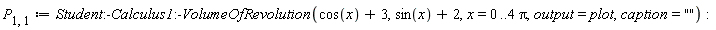 P[1, 1] := Student:-Calculus1:-VolumeOfRevolution(cos(x)+3, sin(x)+2, x = 0 .. 4*Pi, output = plot, caption = "")