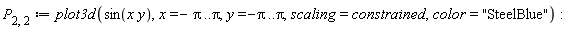 P[2, 2] := plot3d(sin(x*y), x = -Pi .. Pi, y = -Pi .. Pi, scaling = constrained, color = "SteelBlue")