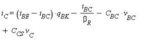 i[C] = (i[BE]-i[BC])*q[BK]-i[BC]/beta[R]-C[BC]*(diff(v[BC](t), t))+C[CS]*(diff(v[C](t), t))