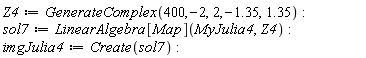 Z4 := GenerateComplex(400, -2, 2, -1.35, 1.35); sol7 := LinearAlgebra[Map](MyJulia4, Z4); imgJulia4 := Create(sol7)