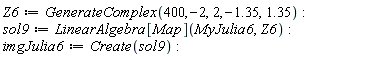 Z6 := GenerateComplex(400, -2, 2, -1.35, 1.35); sol9 := LinearAlgebra[Map](MyJulia6, Z6); imgJulia6 := Create(sol9)