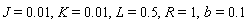 J = 0.1e-1, K = 0.1e-1, L = .5, R = 1, b = .1