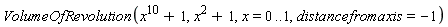 VolumeOfRevolution(x^10+1, x^2+1, x = 0 .. 1, distancefromaxis = -1)