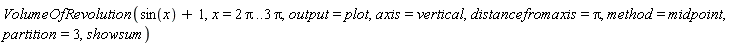 VolumeOfRevolution(sin(x)+1, x = 2*Pi .. 3*Pi, output = plot, axis = vertical, distancefromaxis = Pi, method = midpoint, partition = 3, showsum)