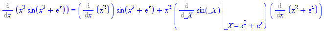 Diff(x^2*sin(x^2+exp(x)), x) = (Diff(x^2, x))*sin(x^2+exp(x))+x^2*(Eval(Diff(sin(_X), _X), _X = x^2+exp(x)))*(Diff(x^2+exp(x), x))