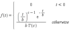 f(t) = piecewise(t < 0, 0, (t/b)^(c-1)*exp(-t/b)/(b*GAMMA(c)))