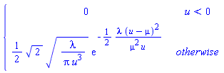 PIECEWISE([0, u < 0], [(1/2)*2^(1/2)*(lambda/(Pi*u^3))^(1/2)*exp(-(1/2)*lambda*(u-mu)^2/(mu^2*u)), otherwise])