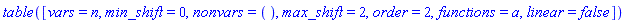 TABLE([vars = n, min_shift = 0, nonvars = (), max_shift = 2, order = 2, functions = a, linear = false])