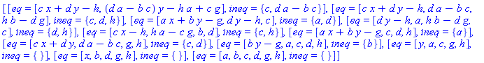 [[eq = [c*x+d*y-h, (d*a-b*c)*y-h*a+c*g], ineq = {c, d*a-b*c}], [eq = [c*x+d*y-h, d*a-b*c, h*b-d*g], ineq = {c, d, h}], [eq = [a*x+b*y-g, d*y-h, c], ineq = {a, d}], [eq = [d*y-h, a, h*b-d*g, c], ineq = {d, h}], [eq = [c*x-h, h*a-c*g, b, d], ineq = {c, h}], [eq = [a*x+b*y-g, c, d, h], ineq = {a}], [eq = [c*x+d*y, d*a-b*c, g, h], ineq = {c, d}], [eq = [b*y-g, a, c, d, h], ineq = {b}], [eq = [y, a, c, g, h], ineq = {}], [eq = [x, b, d, g, h], ineq = {}], [eq = [a, b, c, d, g, h], ineq = {}]]