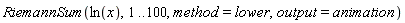 RiemannSum(ln(x), 1 .. 100, method = lower, output = animation)