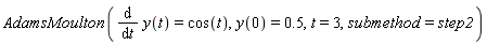 AdamsMoulton(diff(y(t), t) = cos(t), y(0) = .5, t = 3, submethod = step2)