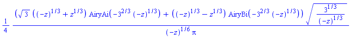 (1/4)*(3^(1/2)*((-z)^(1/3)+z^(1/3))*AiryAi(-3^(2/3)*(-z)^(1/3))+((-z)^(1/3)-z^(1/3))*AiryBi(-3^(2/3)*(-z)^(1/3)))*(3^(1/3)/(-z)^(1/3))^(1/2)/((-z)^(1/6)*Pi)