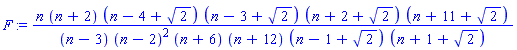 F := n*(n+2)*(n-4+2^(1/2))*(n-3+2^(1/2))*(n+2+2^(1/2))*(n+11+2^(1/2))/((n-3)*(n-2)^2*(n+6)*(n+12)*(n-1+2^(1/2))*(n+1+2^(1/2)))