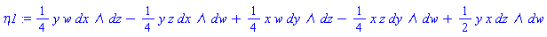_DG([["form", M, 2], [[[1, 3], (1/4)*y*w], [[1, 4], -(1/4)*y*z], [[2, 3], (1/4)*x*w], [[2, 4], -(1/4)*x*z], [[3, 4], (1/2)*y*x]]])