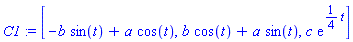 [-b*sin(t)+a*cos(t), b*cos(t)+a*sin(t), c*exp((1/4)*t)]