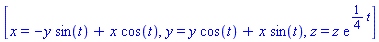 _DG([["transformation", [[M, 0], [M, 0]], [], [Matrix(%id = 18446790986273336726)]], [[-y*sin(t)+x*cos(t), x], [y*cos(t)+x*sin(t), y], [z*exp((1/4)*t), z]]])