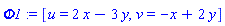 _DG([["transformation", [[M, 0], [N, 0]], [], [Matrix(%id = 18446790986273194702)]], [[2*x-3*y, u], [-x+2*y, v]]])