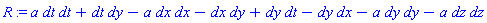 _DG([["tensor", M, [["cov_bas", "cov_bas"], []]], [[[1, 1], a], [[1, 3], 1], [[2, 2], -a], [[2, 3], -1], [[3, 1], 1], [[3, 2], -1], [[3, 3], -a], [[4, 4], -a]]])