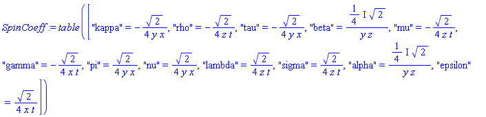 SpinCoeff := TABLE(["kappa" = -2^(1/2)/(4*y*x), "rho" = -2^(1/2)/(4*z*t), "tau" = -2^(1/2)/(4*y*x), "beta" = ((1/4)*I)*2^(1/2)/(y*z), "mu" = -2^(1/2)/(4*z*t), "gamma" = -2^(1/2)/(4*x*t), "pi" = 2^(1/2)/(4*y*x), "nu" = 2^(1/2)/(4*y*x), "lambda" = 2^(1/2)/(4*z*t), "sigma" = 2^(1/2)/(4*z*t), "alpha" = ((1/4)*I)*2^(1/2)/(y*z), "epsilon" = 2^(1/2)/(4*x*t)])