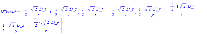 [_DG([["vector", S, []], [[[1], (1/2)*2^(1/2)/x], [[4], (1/2)*2^(1/2)/t]]]), _DG([["vector", S, []], [[[1], (1/2)*2^(1/2)/x], [[4], -(1/2)*2^(1/2)/t]]]), _DG([["vector", S, []], [[[2], (1/2)*2^(1/2)/y], [[3], ((1/2)*I)*2^(1/2)/z]]]), _DG([["vector", S, []], [[[2], (1/2)*2^(1/2)/y], [[3], -((1/2)*I)*2^(1/2)/z]]])]