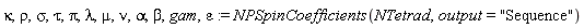 kappa, rho, sigma, tau, Pi, lambda, mu, nu, alpha, beta, gam, epsilon := NPSpinCoefficients(NTetrad, output = "Sequence")