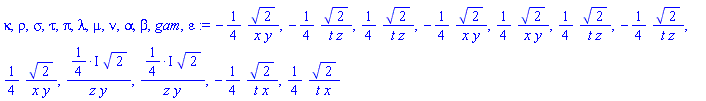 -(1/4)*2^(1/2)/(x*y), -(1/4)*2^(1/2)/(t*z), (1/4)*2^(1/2)/(t*z), -(1/4)*2^(1/2)/(x*y), (1/4)*2^(1/2)/(x*y), (1/4)*2^(1/2)/(t*z), -(1/4)*2^(1/2)/(t*z), (1/4)*2^(1/2)/(x*y), ((1/4)*I)*2^(1/2)/(z*y), ((1/4)*I)*2^(1/2)/(z*y), -(1/4)*2^(1/2)/(t*x), (1/4)*2^(1/2)/(t*x)