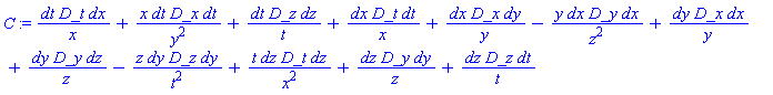 _DG([["connection", S, [["cov_bas", "con_bas", "cov_bas"], []]], [[[1, 1, 2], 1/x], [[1, 2, 1], x/y^2], [[1, 4, 4], 1/t], [[2, 1, 1], 1/x], [[2, 2, 3], 1/y], [[2, 3, 2], -y/z^2], [[3, 2, 2], 1/y], [[3, 3, 4], 1/z], [[3, 4, 3], -z/t^2], [[4, 1, 4], t/x^2], [[4, 3, 3], 1/z], [[4, 4, 1], 1/t]]])