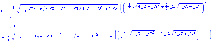 y = -(1/2)*(-exp(_C1*x-x*(4*_C2+_C1^2)^(1/2)-_C3*(4*_C2+_C1^2)^(1/2)+2*_C4))^(1/2)*((exp((1/2)*x*(4*_C2+_C1^2)^(1/2)+(1/2)*_C3*(4*_C2+_C1^2)^(1/2)))^2+1), y = (1/2)*(-exp(_C1*x-x*(4*_C2+_C1^2)^(1/2)-_C3*(4*_C2+_C1^2)^(1/2)+2*_C4))^(1/2)*((exp((1/2)*x*(4*_C2+_C1^2)^(1/2)+(1/2)*_C3*(4*_C2+_C1^2)^(1/2)))^2+1)