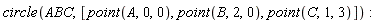 circle(ABC, [point(A, 0, 0), point(B, 2, 0), point(C, 1, 3)])