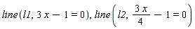line(l1, 3*x-1 = 0), line(l2, 3*x*(1/4)-1 = 0)