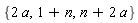 {2*a, 1+n, n+2*a}