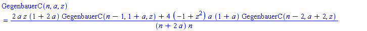 GegenbauerC(n, a, z) = (2*a*z*(1+2*a)*GegenbauerC(n-1, 1+a, z)+4*(-1+z^2)*a*(1+a)*GegenbauerC(n-2, a+2, z))/((n+2*a)*n)