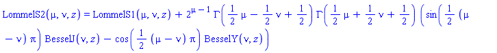 LommelS2(mu, nu, z) = LommelS1(mu, nu, z)+2^(mu-1)*GAMMA((1/2)*mu-(1/2)*nu+1/2)*GAMMA((1/2)*mu+(1/2)*nu+1/2)*(sin((1/2)*(mu-nu)*Pi)*BesselJ(nu, z)-cos((1/2)*(mu-nu)*Pi)*BesselY(nu, z))